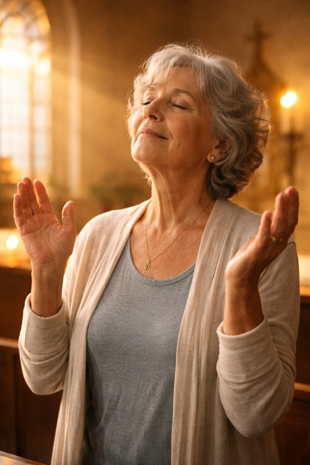 Mulher de mãos levantadas em adoração numa igreja, representando os dons do Espírito Santo em ação