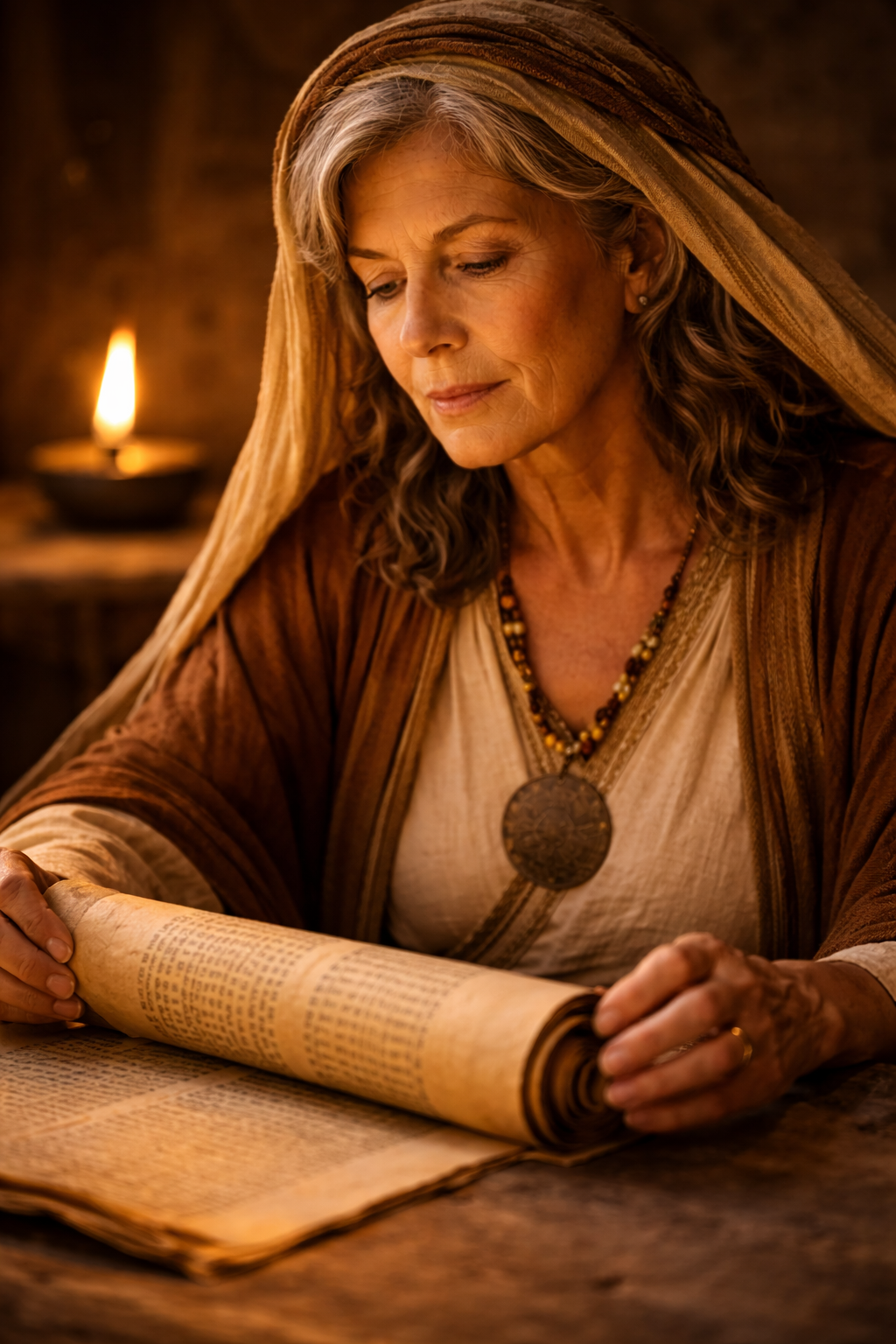 Mulher forte da Bíblia lendo um pergaminho antigo, representando a sabedoria e coragem das mulheres bíblicas