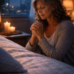 Mulher em oracao ao lado de uma vela acesa a noite, em paz e entrega a Deus