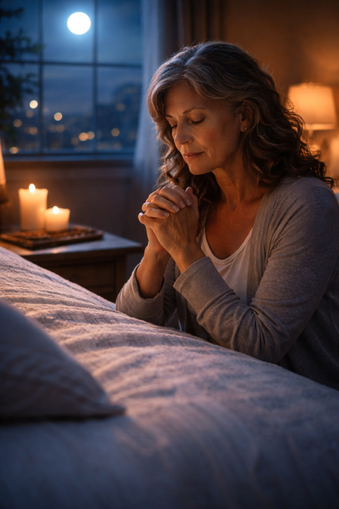 Mulher em oracao ao lado de uma vela acesa a noite, em paz e entrega a Deus
